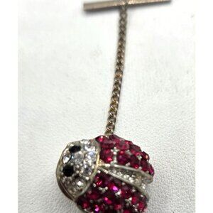 Vintage Ladybug Tie Tack Pin With Red & Clear Rhinestones Gold-Tone Metal Chain